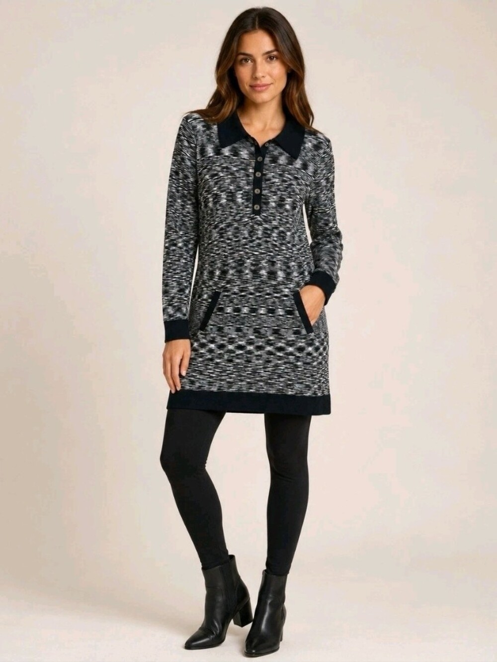 Missoni for Target Knit Sweater Dress M Black White Space Dye Polo Collar Pocket
